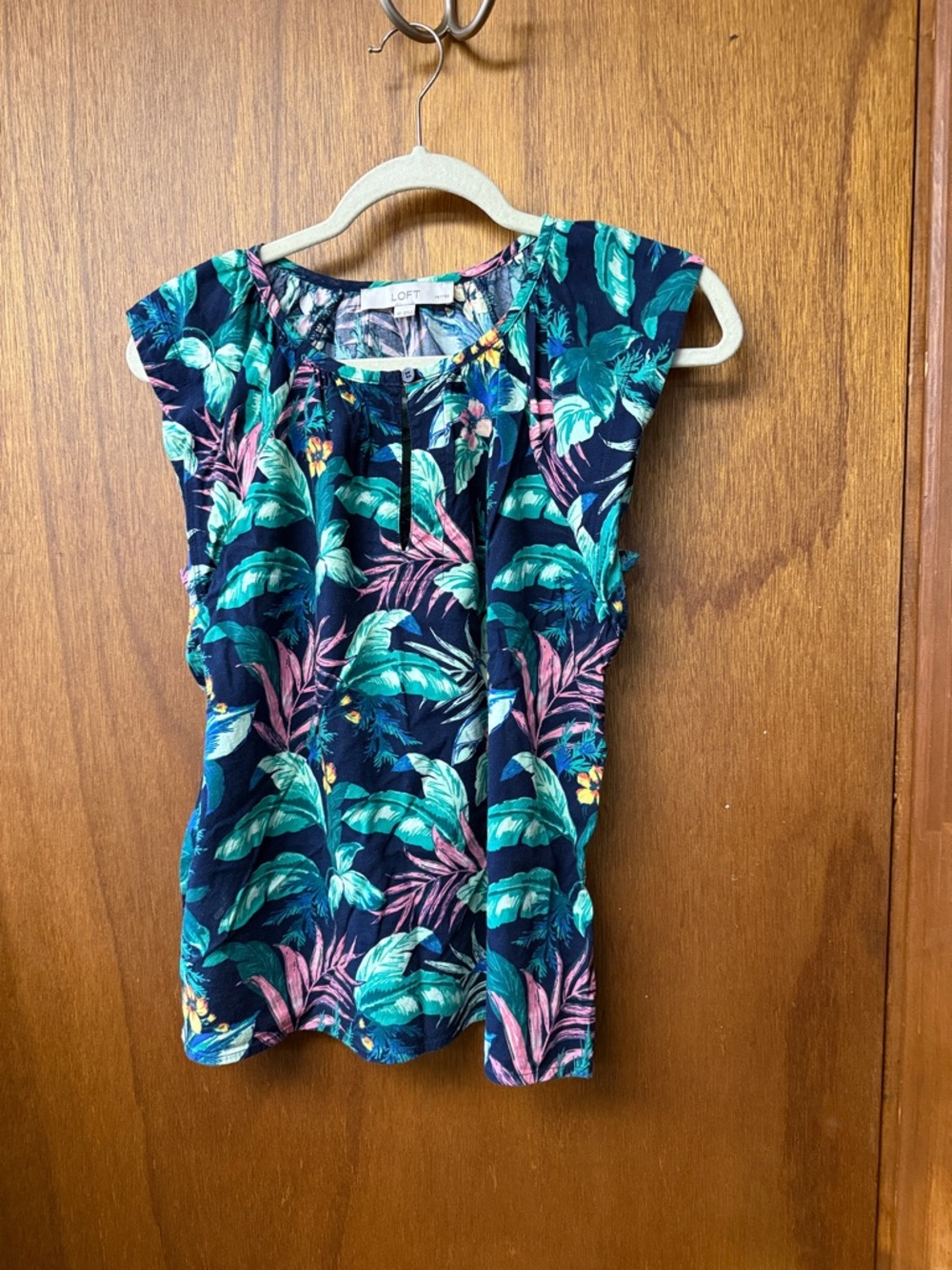 LOFT Navy Tropical Leaf Cap Sleeve Blouse with Teal and Pink Accents